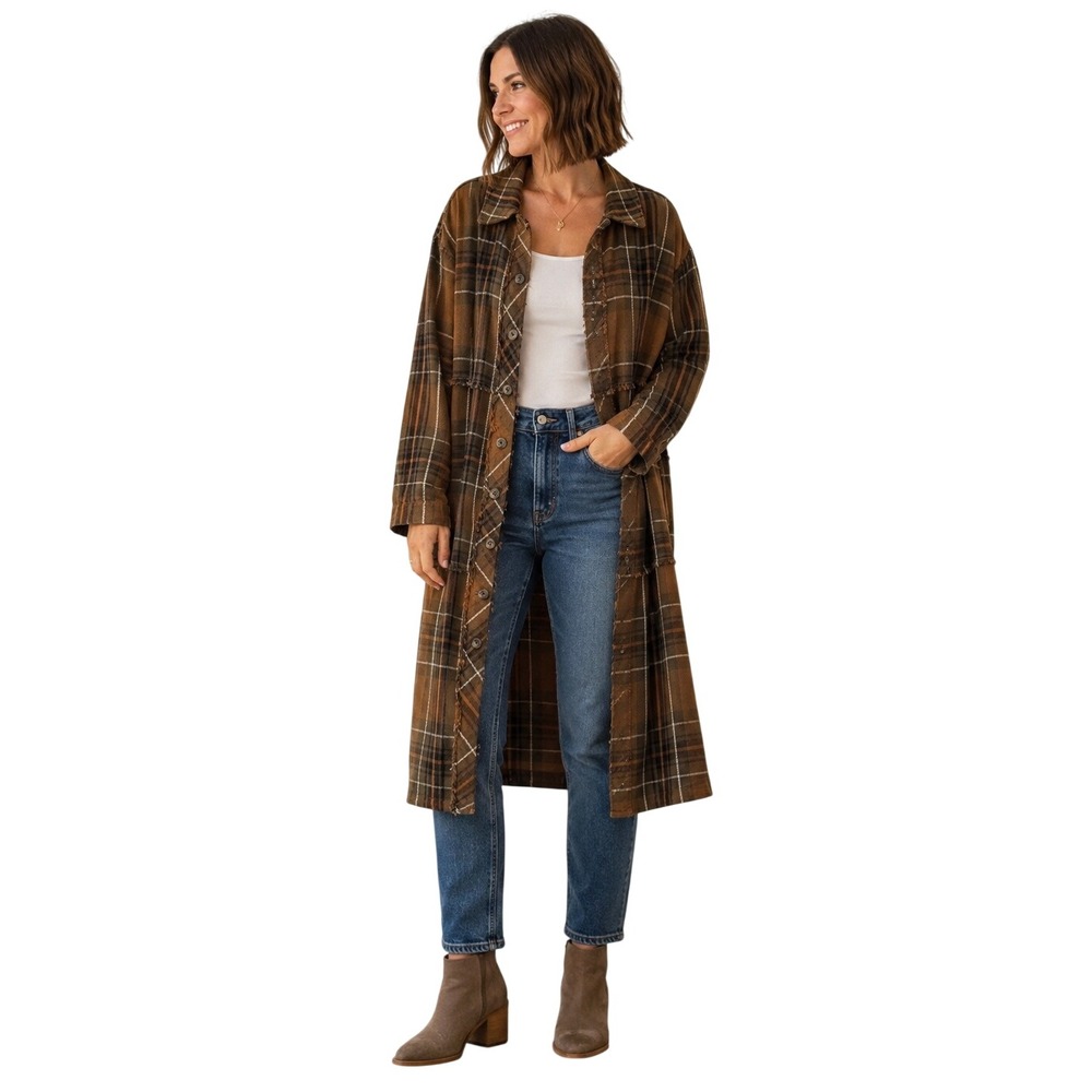 We The Free Plaid Shirt Dress Duster Raw Hem Oversized Brown Size M